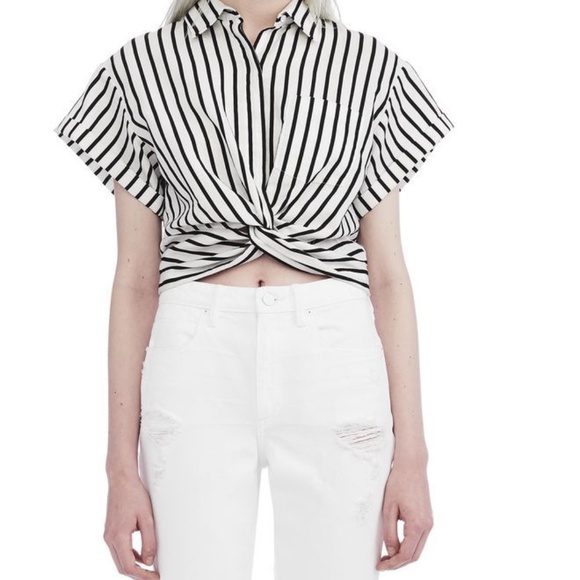 T Alexander Wang Striped Twist Front Crop Shirt 0 - Picture 1 of 6